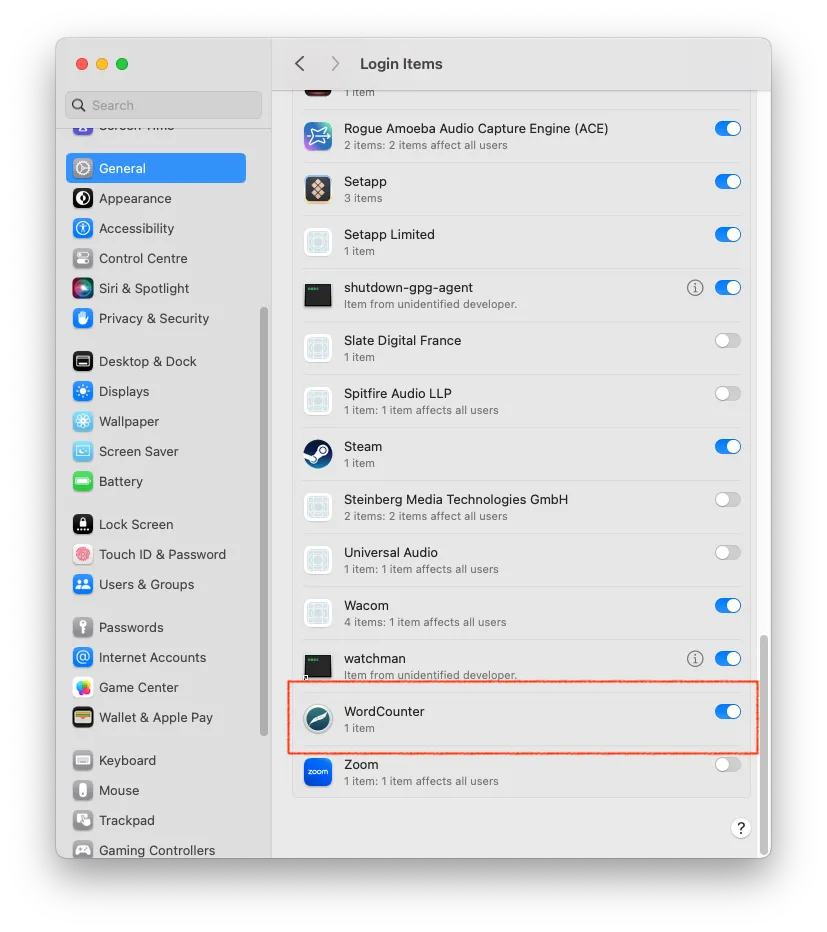 A screenshot showing WordCounter's login settings