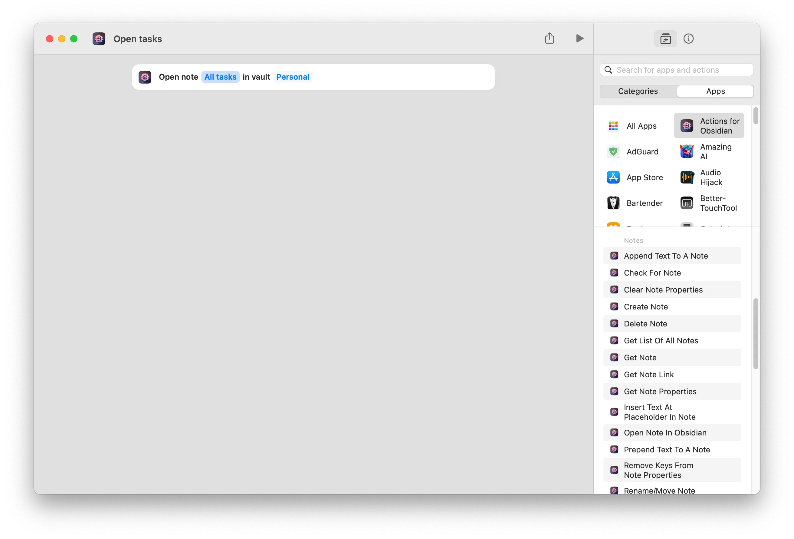 Screenshot of Shortcut to open an Obsidian note