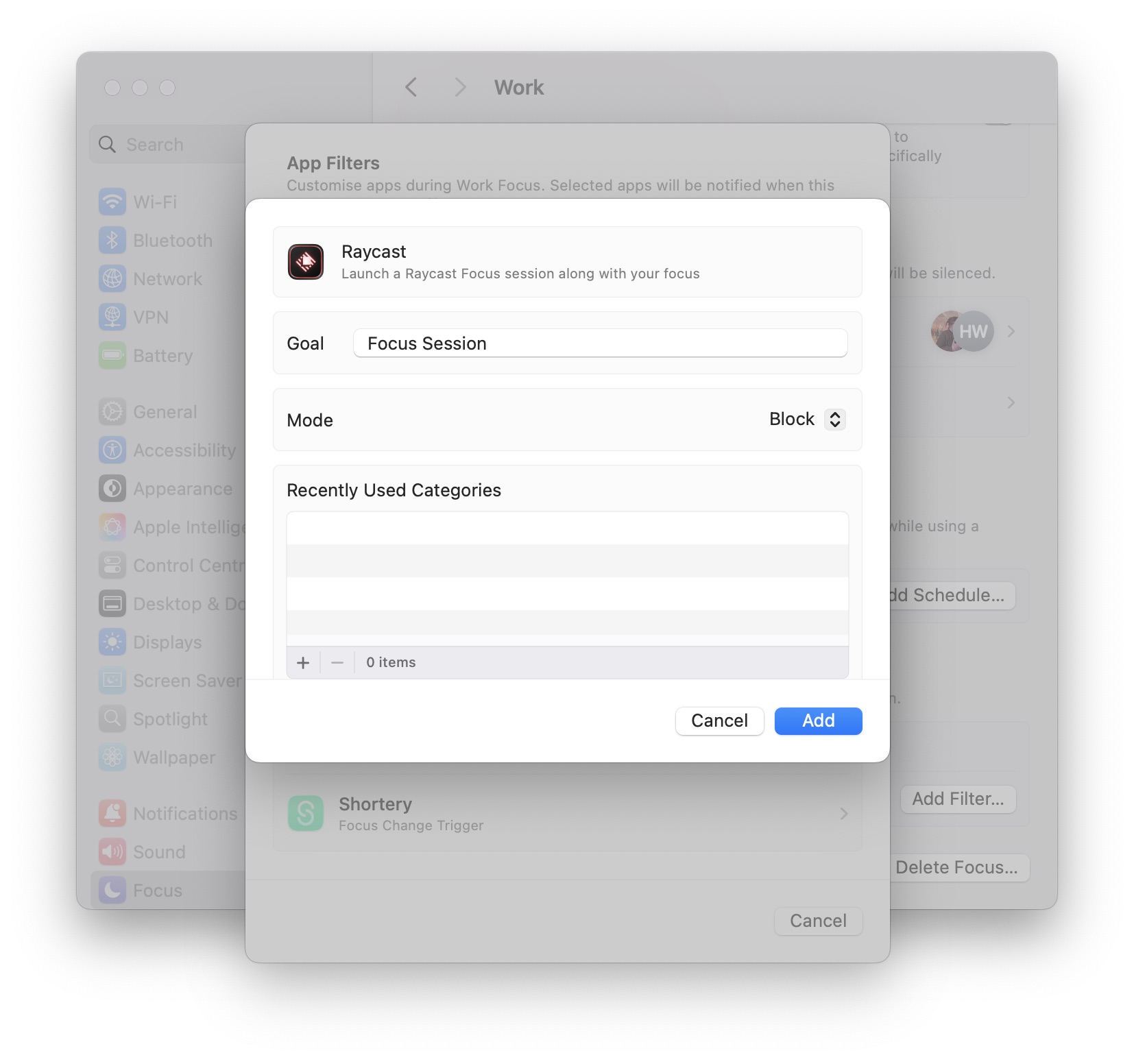 A screenshot of the Raycast focus filter