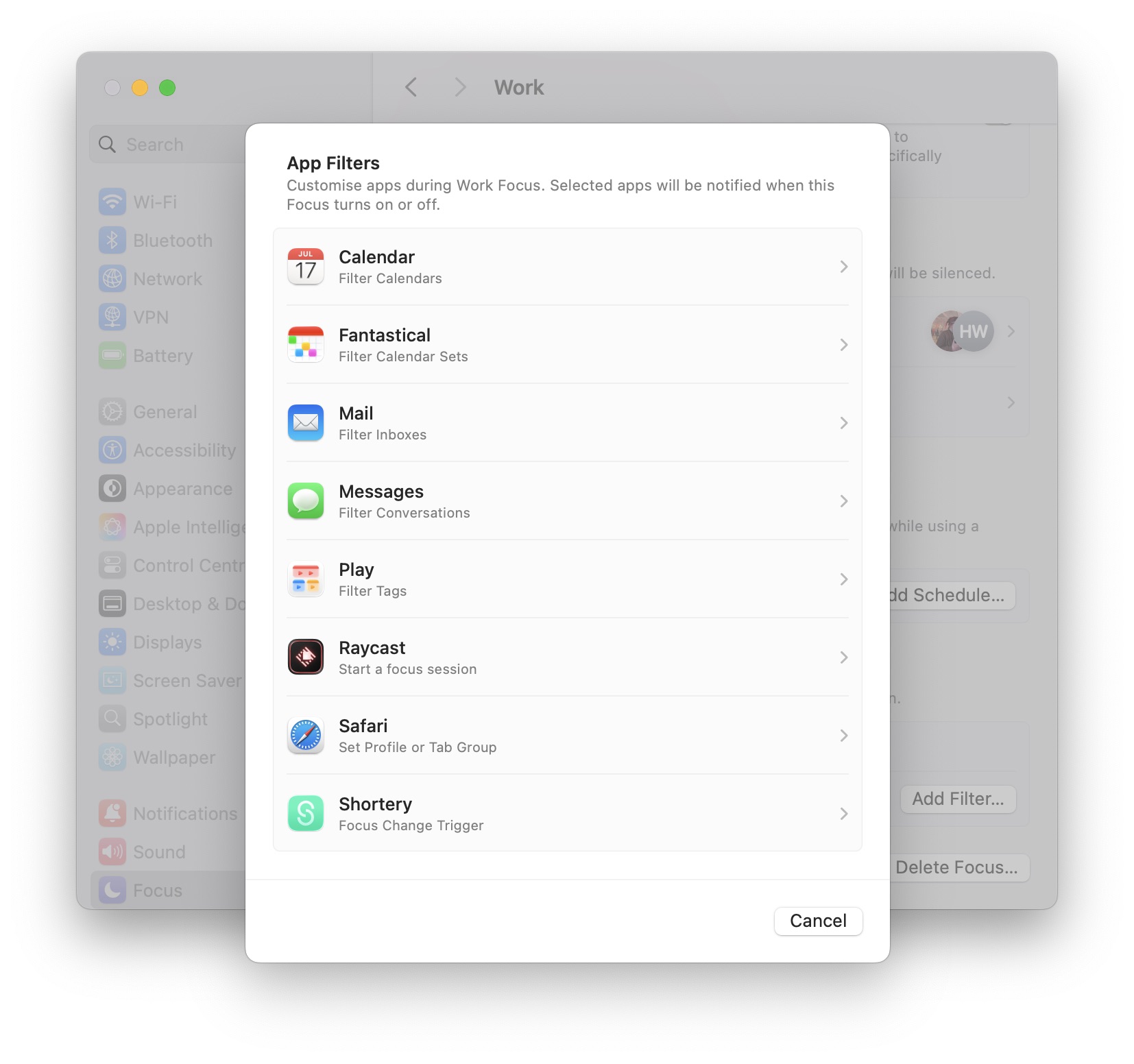 A screenshot of application filters in focus modes
