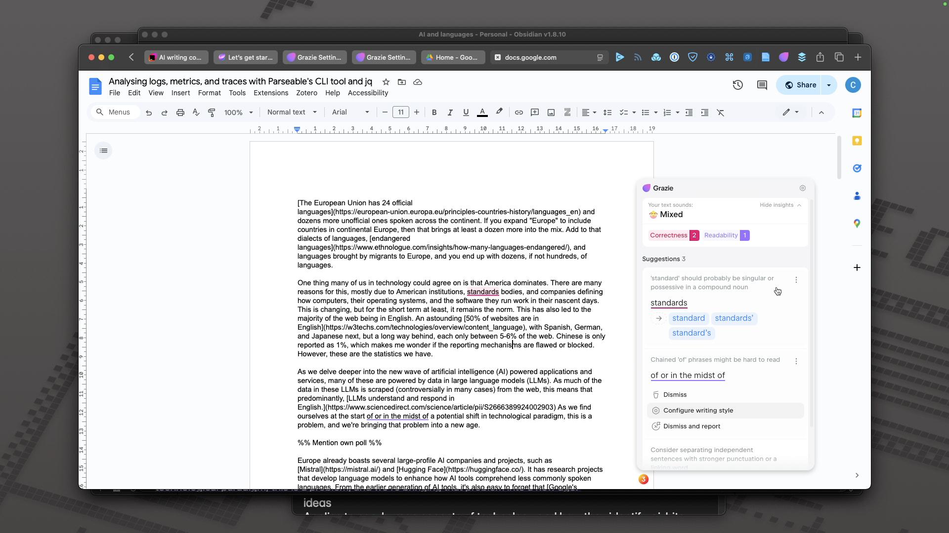 A screenshot of Grazie showing issues and suggestions
