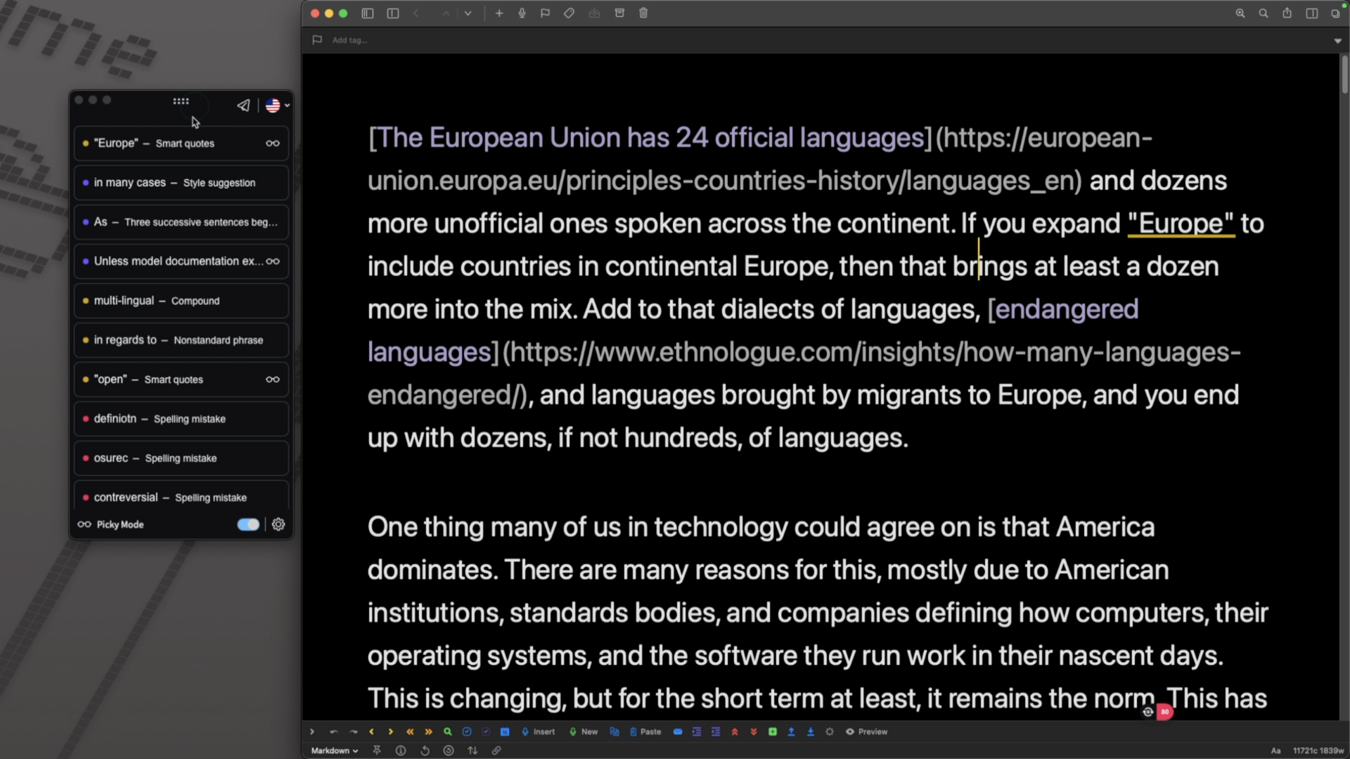 A screenshot of LanguageTool showing issues and suggestions