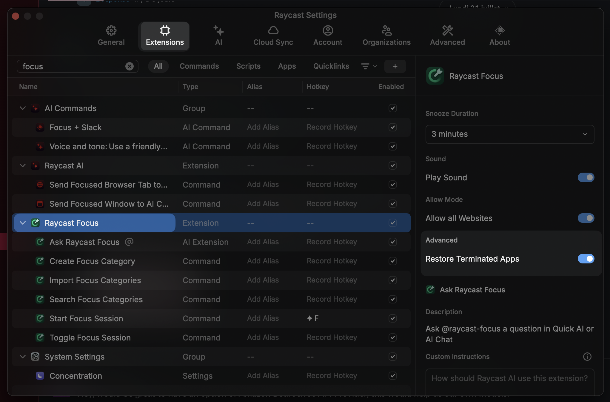 A screenshot of the Raycast focus settings